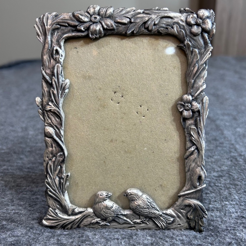 Vintage Pewter Bird and Flower Picture Frame Ornate Silver Tone Small 3x4 Inch